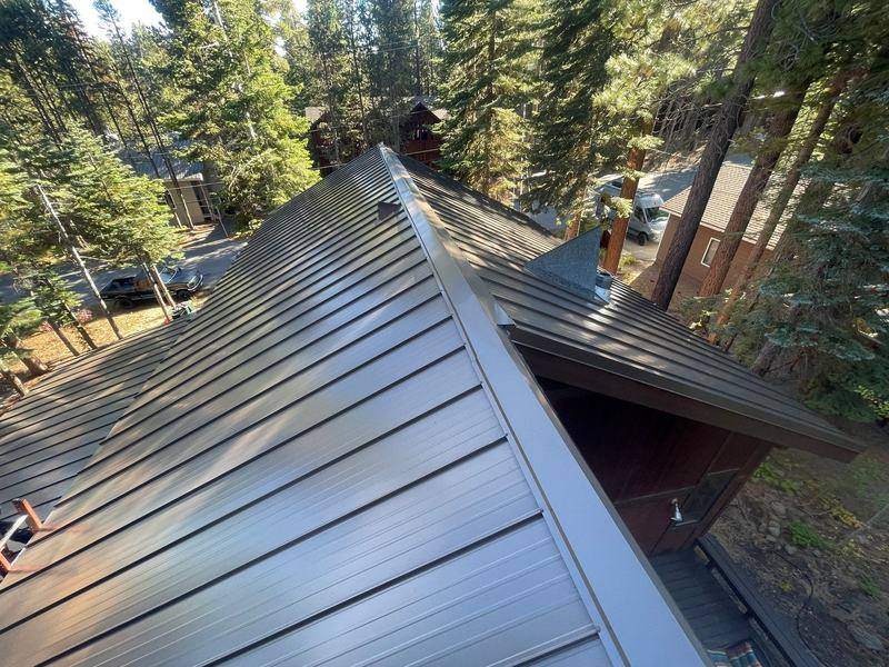 Aerial view of a standing seam metal roof installed by Trejo Heritage Roofing