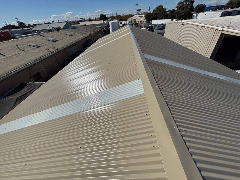 Tan exposed-fastener metal roof on a commercial building